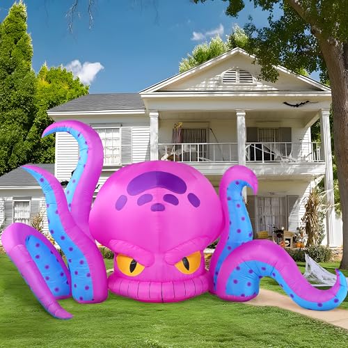 Purple Big-Headed Halloween Inflatable Octopus with LEDs - 10ft Yard Decor