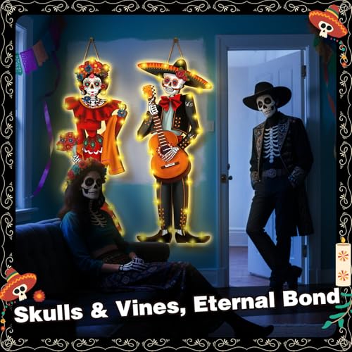 2 Pcs Dia De Muertos Porch Decorations with Wooden Skeleton Bride and Groom