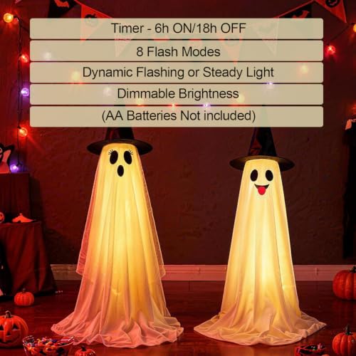 Halloween Ghost String Lights 59x15 in Outdoor Indoor Decor with Remote & Timer - 2 Pack