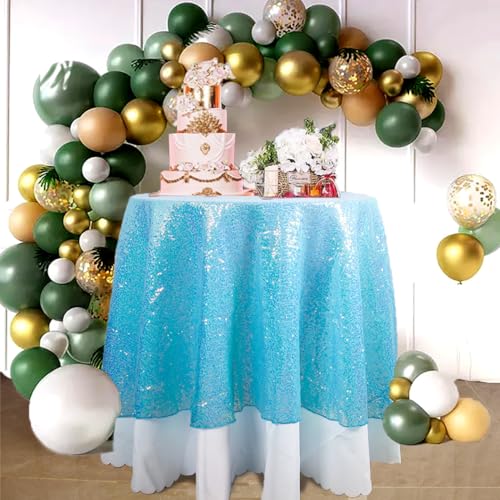 Iridescent Blue Sequin Round Tablecloth 72 Inch Glitter Overlay for Weddings & Parties