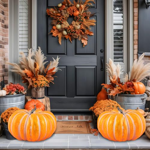 Large Artificial Pumpkin for Outdoors - Orange & White Stripe, 18.5in