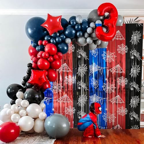 Spider Web Birthday Decorations 2 Pack Foil Fringe Curtains - Blue, Red & Black Variation
