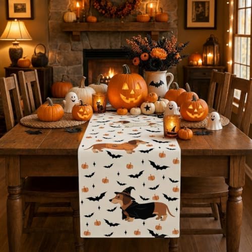 Halloween Dachshund Dog Burlap Table Runner - 13x72 Inch Seasonal Kitchen Decor