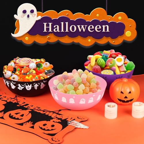 Large Halloween Candy Bowls Set - Reusable Plastic Trick or Treat Bowls - White Pink