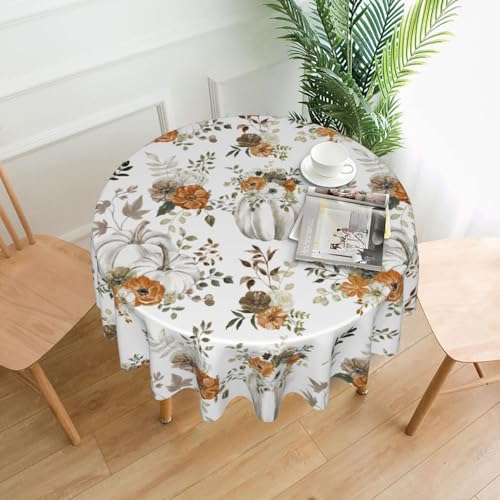 Round Fall Tablecloth 60-Inch Grey Pumpkins & Leaves - Watercolor Autumn Cover