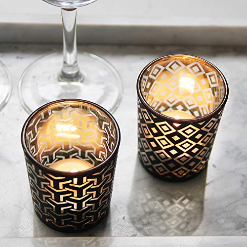 Black Gold Glass Candle Holders Set of 12 with Geometric Patterns - Ramadan Decor