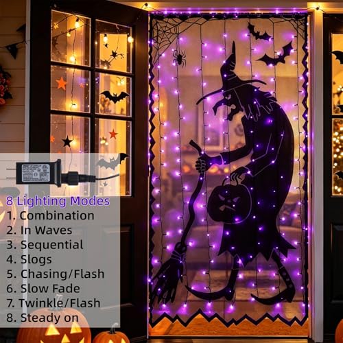 Lighted Halloween Curtain with Purple LEDs & Black Lace Witch Pattern - 40x84 Inch Decor