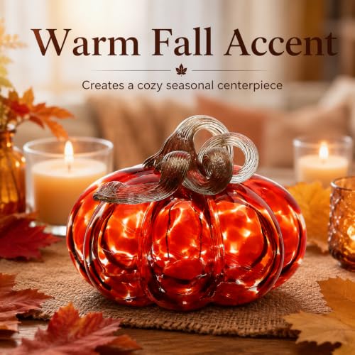 Red Hand Blown Glass Pumpkin Decoration - Fall Harvest Halloween Tabletop Accent