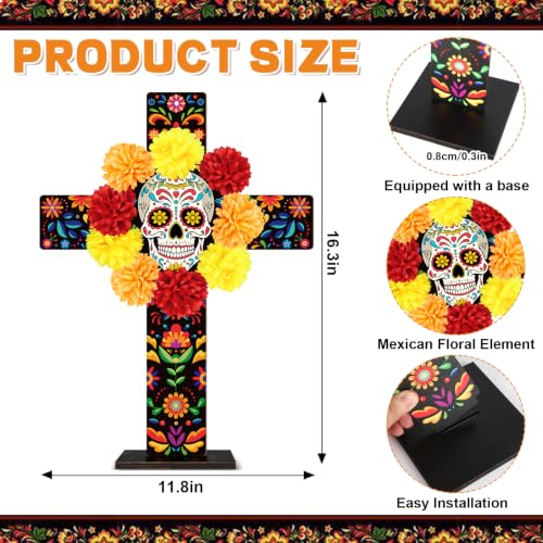 Colorful Large Day of the Dead Wooden Cross Tabletop Decor - Mexican Halloween Altar Centerpiece