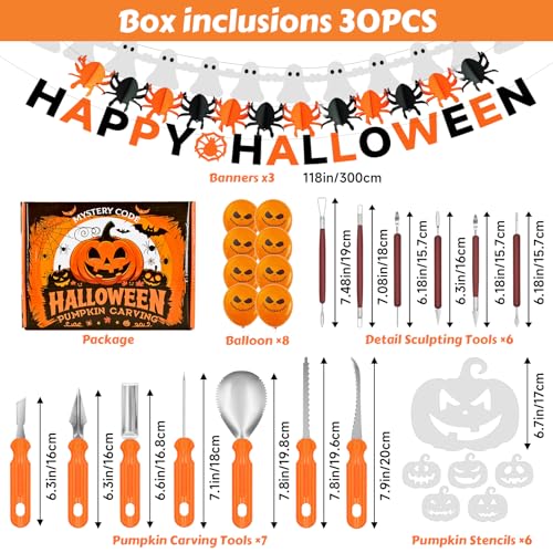 Halloween Pumpkin Carving Kit with 30 Stainless Steel Tools & Stencils