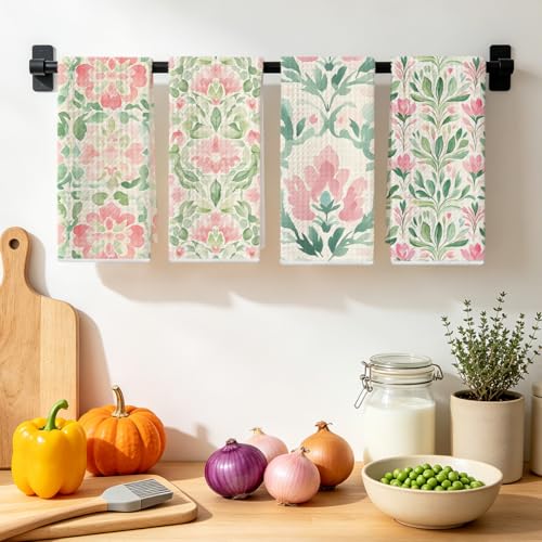 Watercolor Floral Kitchen Towels Set - Pink & Green Dish Cloths, Multi 1413, 4 Pack