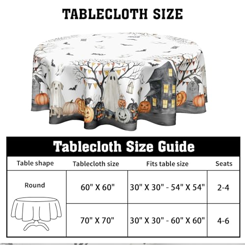 Halloween Round Tablecloth 60 Inch - White Ghost Design, Orange Black Variations