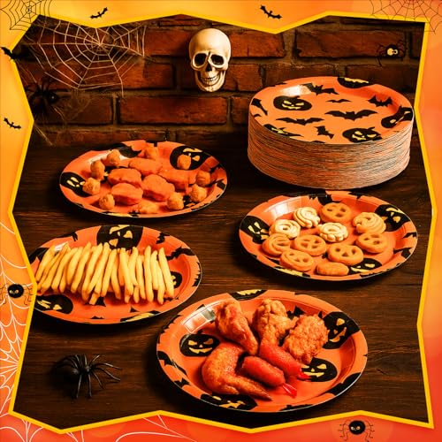 Halloween Paper Plates 9 Inch Pumpkin Bat Disposable Party Dinnerware - 100 Pack