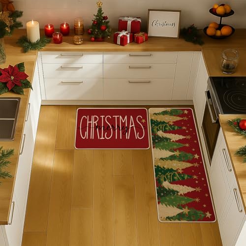 Christmas Kitchen Mats Set of 2 - 17x29 & 17x47 Inches Holiday Decor, Red Variation