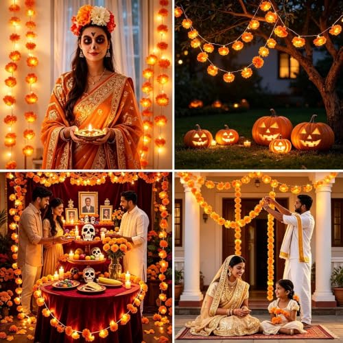 4 Pack LED Marigold String Lights for Diwali Halloween Indoor Outdoor Decoration