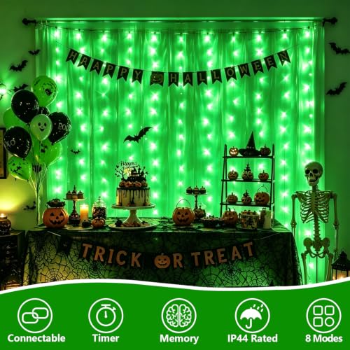 Green Halloween LED Curtain Lights - 300 LEDs, 8 Modes, Waterproof, 9.8x9.8ft, Connectable