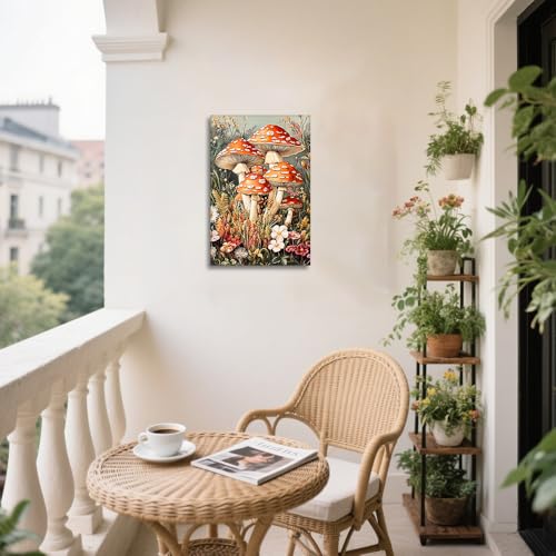 Red Mushroom Canvas Wall Art - Botanical Kitchen Decor, 12x18 Inches