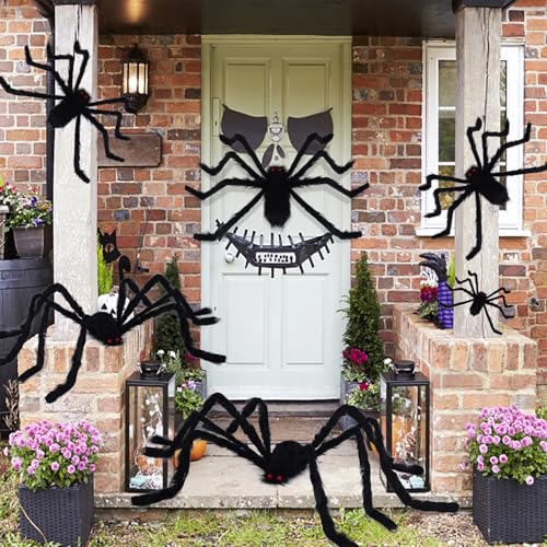 Halloween Giant Spider Decorations 6 Pack - Realistic Black Scary Spiders for Yard & Home Halloween Decor