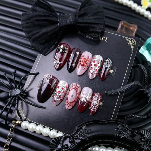 Halloween Press On Fake Nails Almond 3D Spider Web Red Black - Variation of THIS listing