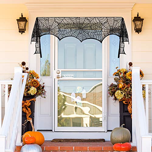 Halloween Spiderweb Lace Tablecloth with Black Spider, 17.7 x 98.4 Inch - Mantle & Window Decor
