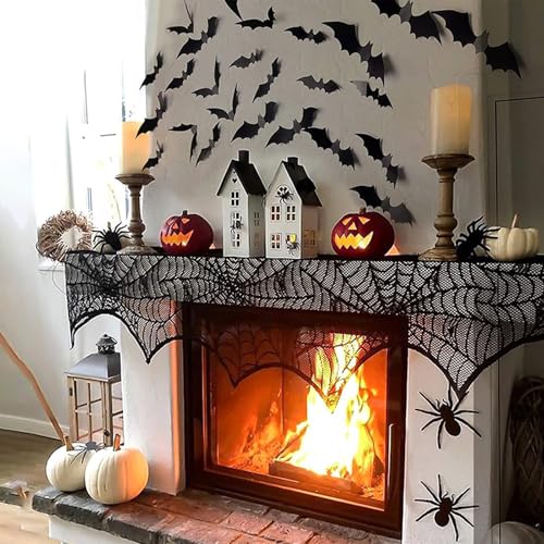 Halloween Fireplace Scarf - Black Lace Spiderweb Mantle Decoration 18x96 Inch Spider Web Design