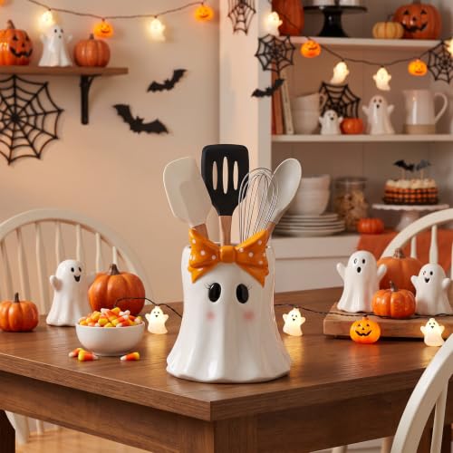 White Ceramic Ghost Utensil Holder - Halloween Kitchen Decor & Organizer - Ghost Bow Variation