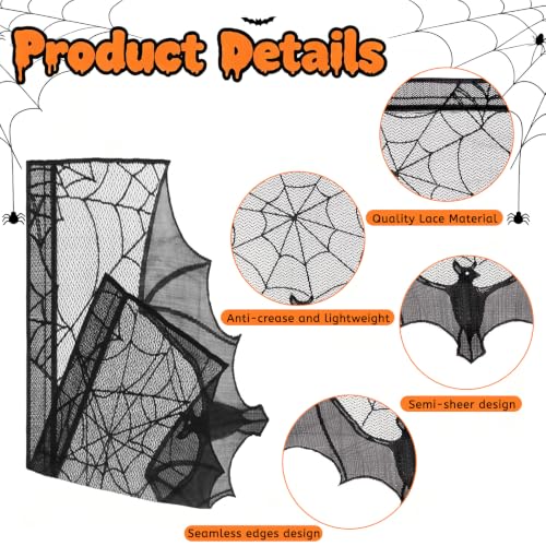 Halloween Black Lace Decorations Set with Bat Window Valance and Spiderweb Mantle Scarf