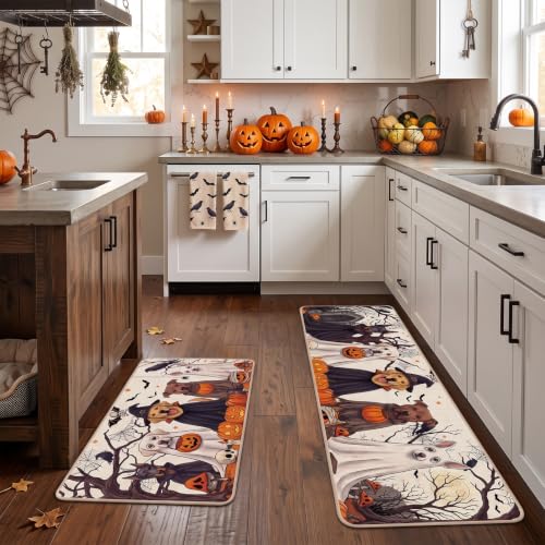 Halloween Kitchen Rugs - Ghost Dog Design, 28x16 & 47x16 Inches - Family-Friendly Halloween Decor