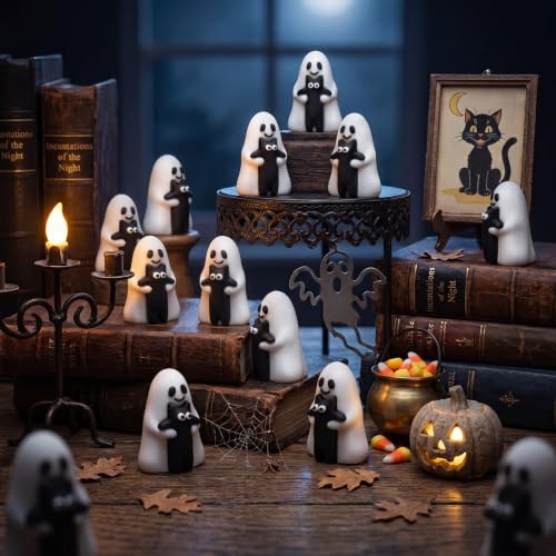 Halloween Ghost Cat Figurines Set - 50 Cute Black Ghost Decorations Variation of Ghost Black Cat