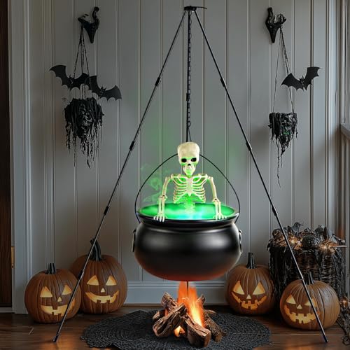 Outdoor Halloween Cauldron Tripod with Fog Maker & Skeleton - Spooky Yard Decor