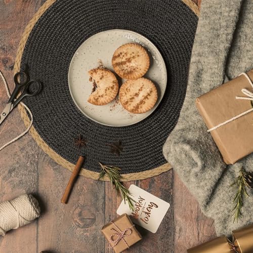 Black Round Placemats Set of 6 - Woven Table Mats with Thin Edge