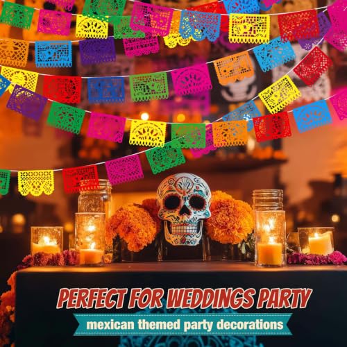 Mexican Party Decorations Banner Set - 32 Papel Picado Fiesta Banners - 480 Feet, Bright Colors, Reusable