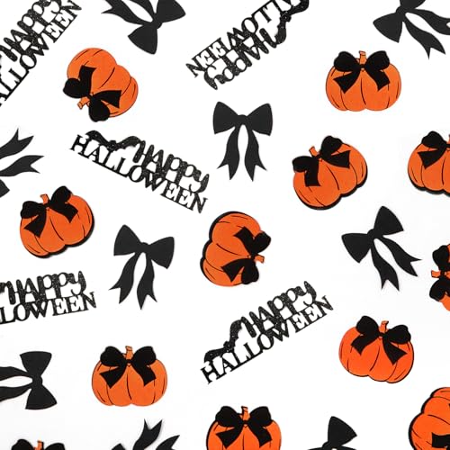 Halloween Confetti - 200Pcs Black Bows Pumpkin & Happy Halloween Decorations