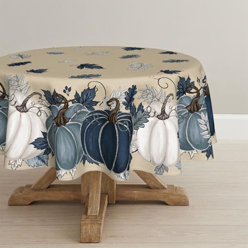 Horaldaily Fall 90-Inch Round Tablecloth - Autumn Harvest Blue Pumpkin, Beige