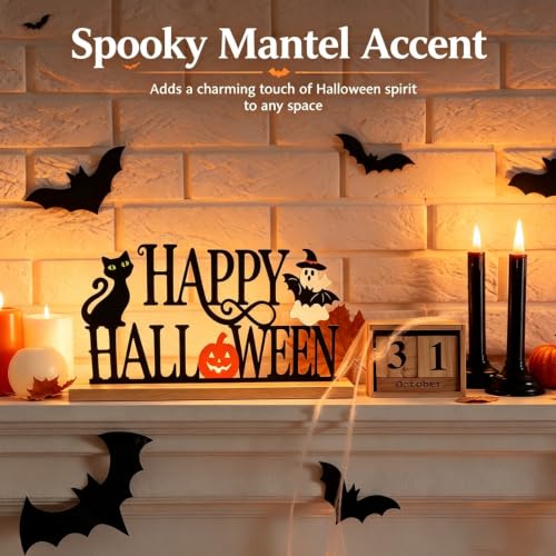 Halloween Table Decorations - Metal Happy Halloween Sign with Ghost Pumpkin Bat - Happy Halloween Variation