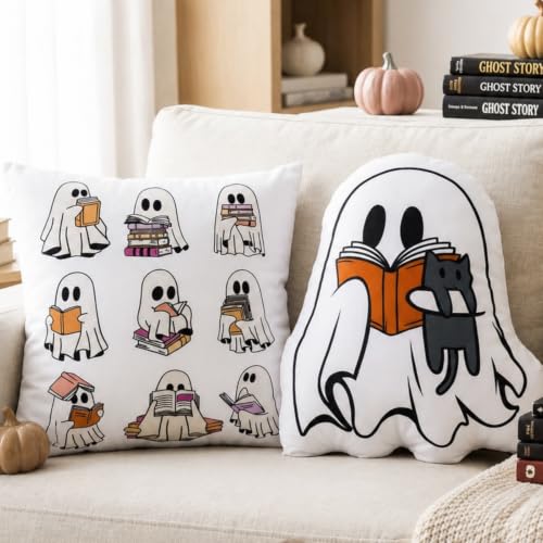 Halloween Ghost Reading Book Throw Pillows Set - Cuddly 15.7-Inch Decor