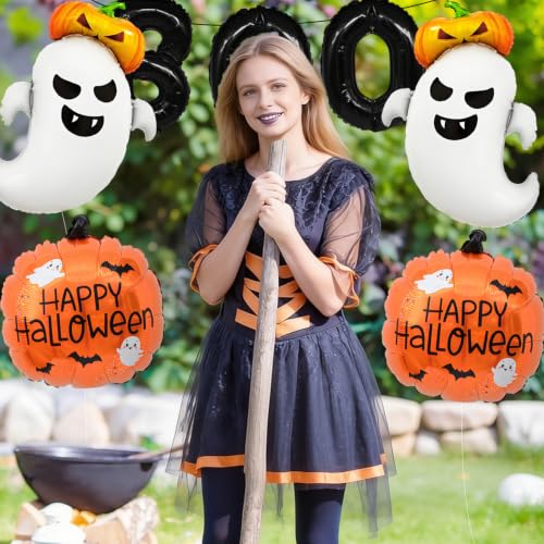 7Pcs Halloween Foil Balloon Set with Ghost Pumpkin Boo Decorations for Party