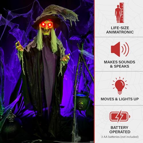 75-Inch Talking Witch Halloween Animatronic with Lights & Phrases - Life-Size Poseable Outdoor Indoor Decor