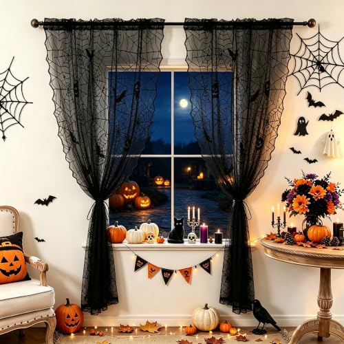Halloween Black Lace Curtains 95 Inch Long with Cobweb Pattern - Pack of 2