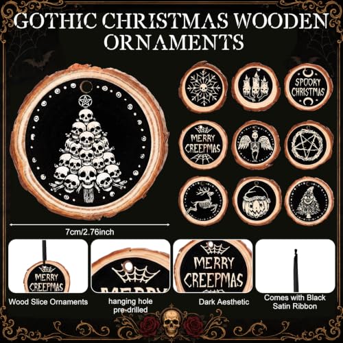 Vercraft Spooky Christmas Ornaments Set - 30 Gothic Wooden Holiday Decorations