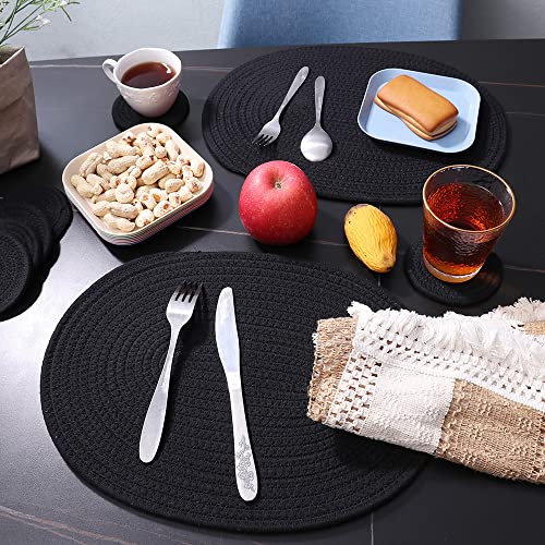 Black Oval Woven Cotton Placemats Set of 4 - Farmhouse Boho Table Decor