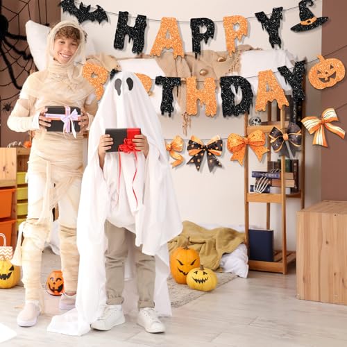 Halloween Birthday Banner - Glitter Bat & Pumpkin Decor for Girls