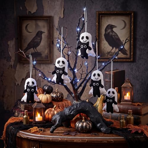 12 Pack Halloween Ghost Felt Ornaments with Black Cat Hanging Decorations