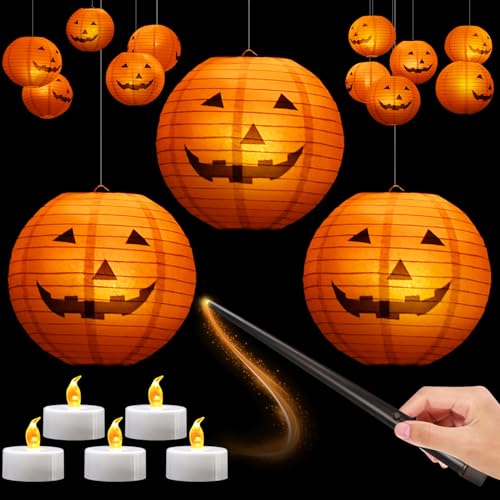 Floating Jack-O-Lantern Decor Set - 12pcs 10in Halloween Lanterns with LED Tea Lights & Remote - Variation: Jack-O-Lantern