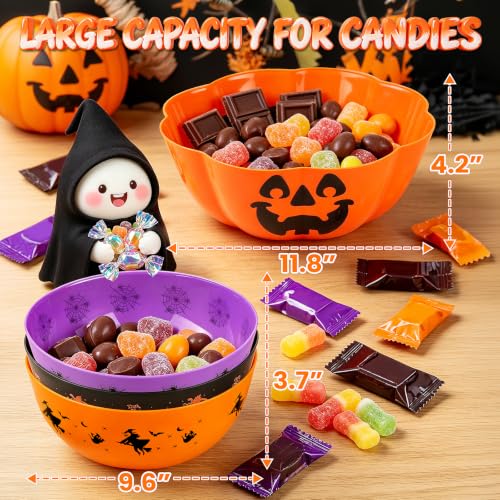 Halloween Candy Bowls Set - 4 Large Plastic Trick-or-Treat Treat Holders - Orange, Purple, Black Variations