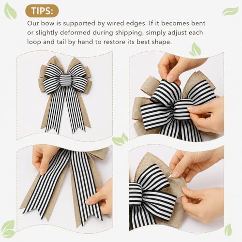 Black White Stripe Halloween Fall Bows - 2 Pcs Rustic Wreath Decorations - Variation of Black White