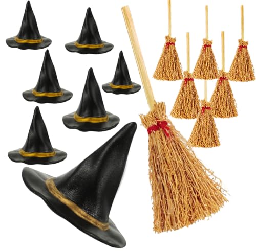 14-Piece Mini Witch Hat and Broom Halloween Party Decor Set