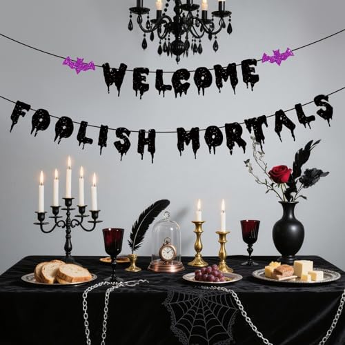 Halloween Welcome Foolish Mortals Banner with Bat - Black Glitter Haunted House Decor