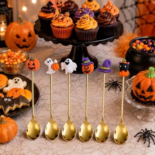 Halloween Stainless Steel Dessert Spoons Set - Gold 6 Pieces