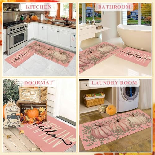 Pink Fall Kitchen Rugs Set - Pumpkin Doormat & Runner for Thanksgiving Decor